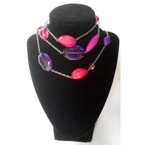 Pink Purple Beaded Long Acrylic Silver Necklace